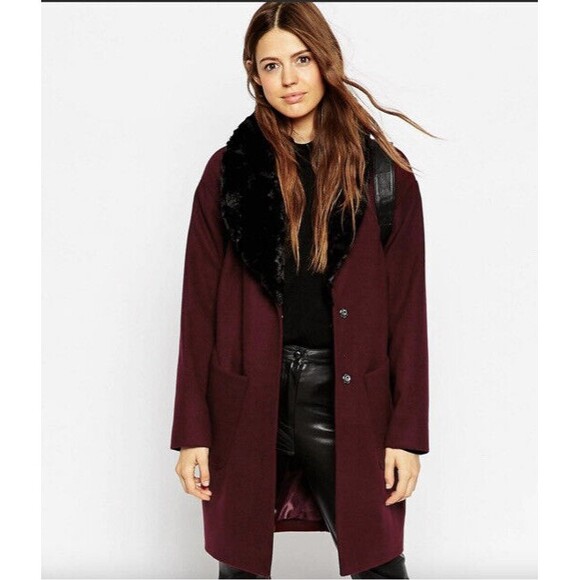 Asos corduroy Burgundy Peplum Coat with Belt and Faux Fur Collar US size 2 - Picture 1 of 8